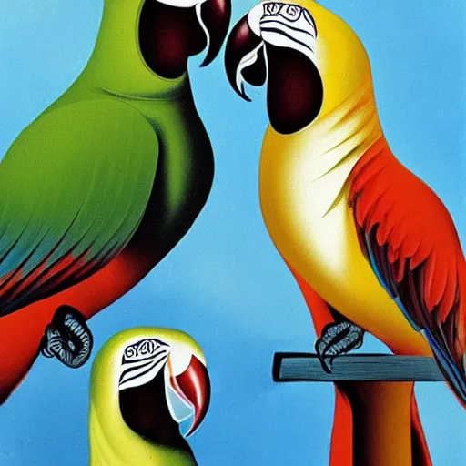 Prompt: A picture of happy parrots with big ears, painted by salvador dali