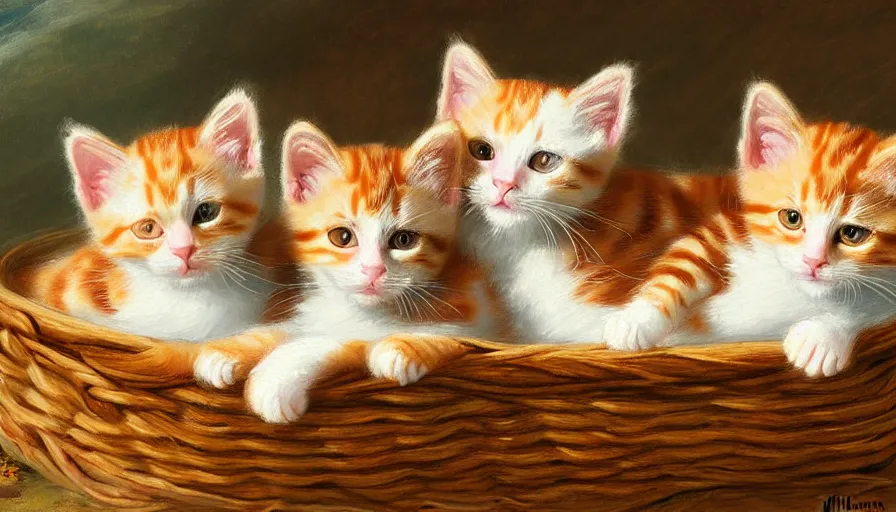 Prompt: highly detailed painting of cute furry calico and ginger tabby kittens cuddled up in a basket by william turner, thick brush strokes and visible paint layers, 4 k resolution