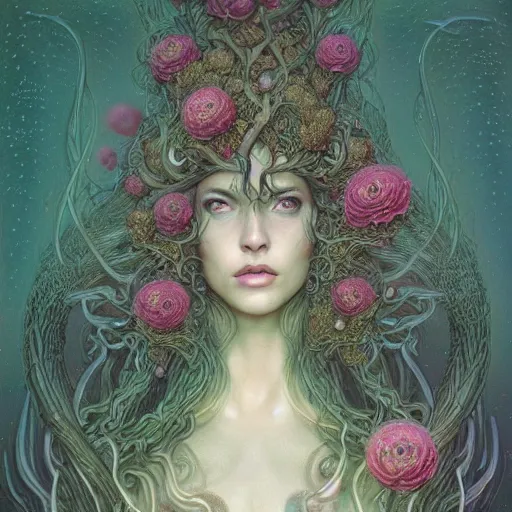 Image similar to a beautiful detailed front view portrait of a woman with ornate growing around, ornamentation, flowers, elegant, beautifully lit, by wayne barlowe, peter mohrbacher, kelly mckernan,