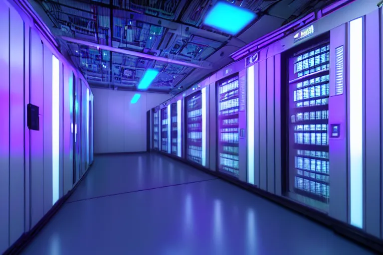 Prompt: realistic robot in a data server room, neon and dark, purple and blue color scheme, by dan mumford, global illumination ray tracing hdr render in unreal engine 5