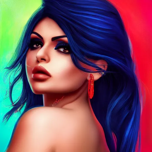 Image similar to portait of haifa wehbe, perfect lips, long hair blue centred, hd, very detailed curve, digital painting, art painting, unreal engine, final fantasy style, amazing red orange background theme