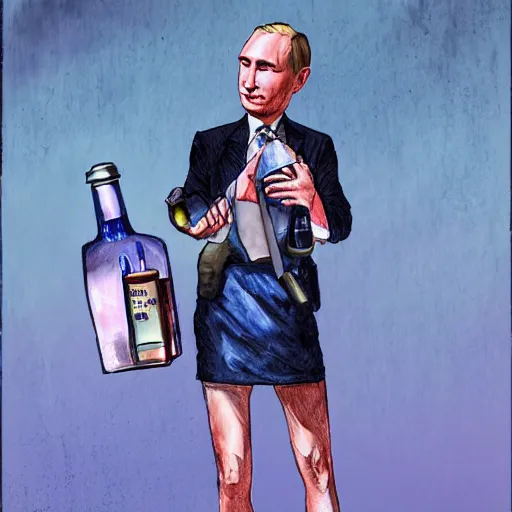 Prompt: putin holding a bottle of arak, wearing a mini skirt, cinematic, beautiful digital painting, hyper detailed