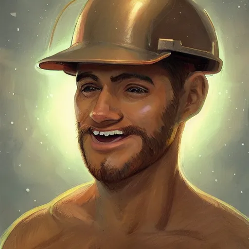 Image similar to clear portrait of miner male, adorable appearance!!!, golden hour, happy apearance, cottagecore!!, background hyper detailed, character concept, full body, dynamic pose, intricate, elegant, highly detailed, digital painting, artstation, concept art, smooth, sharp focus, illustration, art by artgerm and greg rutkowski and alphonse mucha