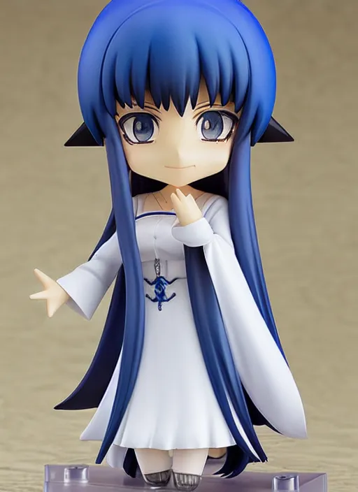 Prompt: nendoroid anime beautiful female witch, very long blue hair, detailed green eyes, pretty symmetrical face, fullbody, white robes blue skirt, anime, nendoroid,