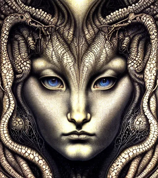 Image similar to detailed realistic beautiful caracal goddess face portrait by jean delville, gustave dore, iris van herpen and marco mazzoni, art forms of nature by ernst haeckel, art nouveau, symbolist, visionary, gothic, neo - gothic, pre - raphaelite, fractal lace, intricate alien botanicals, ai biodiversity, surreality, hyperdetailed ultrasharp octane render