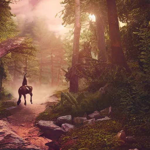 Image similar to realistic octane render 8k of fantasy scene unicorn running in the forest