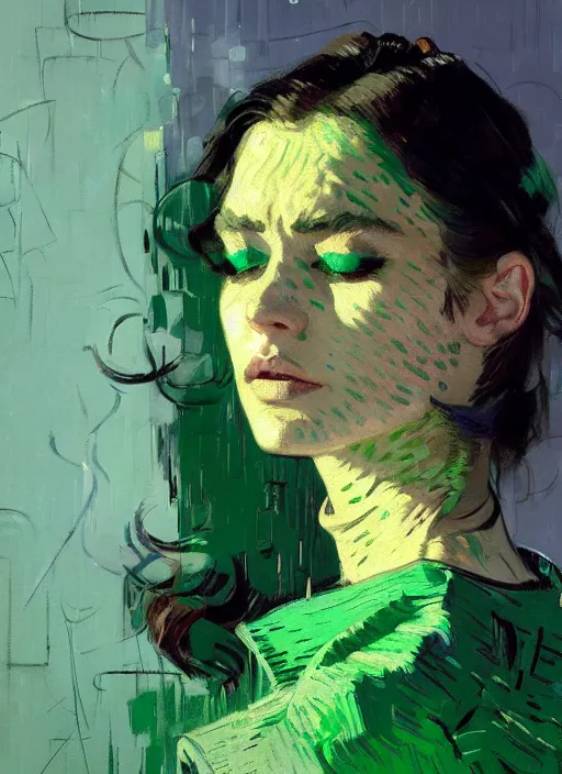 Image similar to portrait of a beautiful girl, eyes closed, open mouth, shades of green, beautiful face, rule of thirds, intricate outfit, spotlight, by greg rutkowski, by jeremy mann, by francoise nielly, by van gogh, digital painting