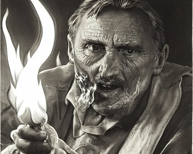 Image similar to dennis hopper as a powerful fire mage casting a flame spell, fantasy art, extremely detailed, high quality, award - winning,