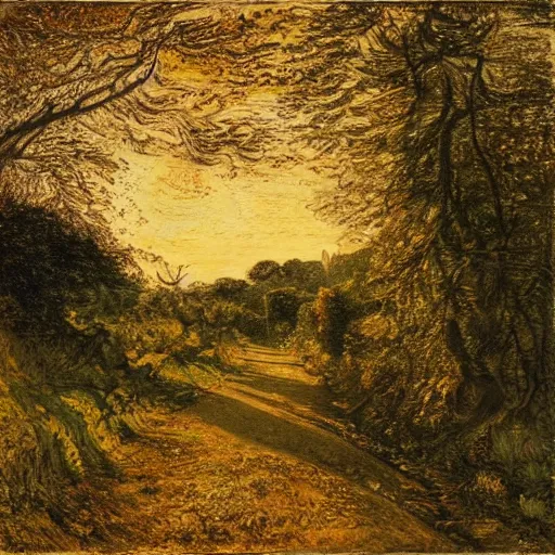 Prompt: a beautiful country path, golden light , sense of awe, in the style of Samuel Palmer