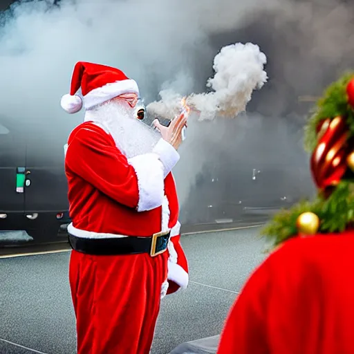 Image similar to a mall santa exhaling a large smoke cloud from his bong, award winning professional candid photography