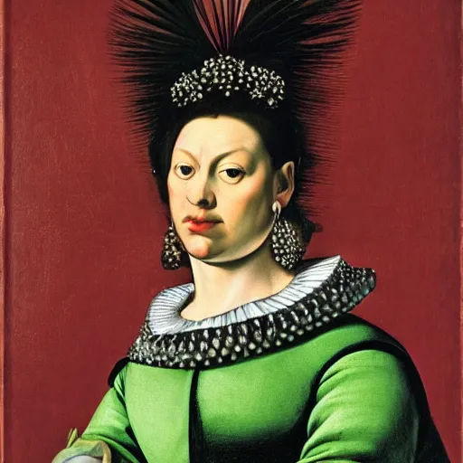 Image similar to frontal portrait of the queen of the avocado empire, by caravaggio