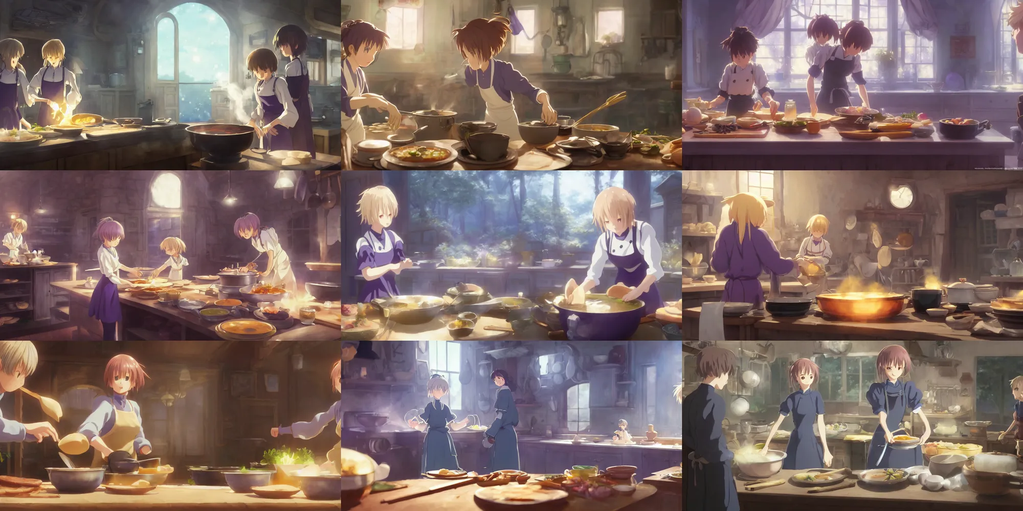 Prompt: a wholesome animation key shot of violet evergarden cooking a tasty soup in the kitchen, medium shot, waist up, studio Ghibli, Pixar and Disney animation, sharp, Rendered in Unreal Engine 5, anime key art by Greg Rutkowski, Bloom, dramatic lighting