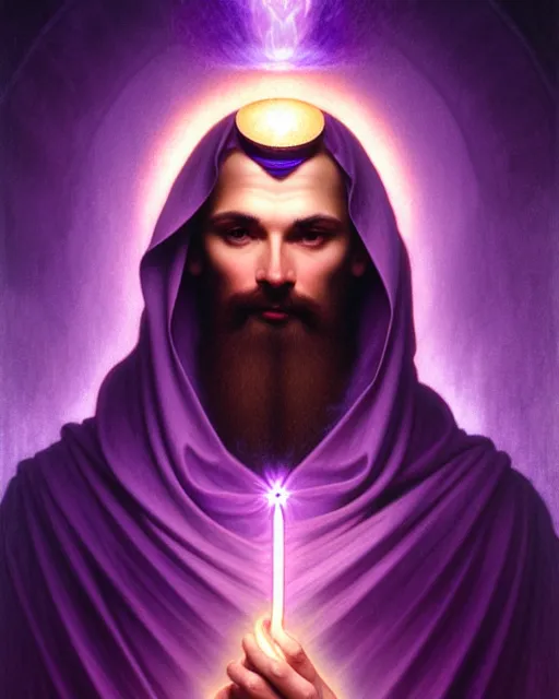 Prompt: portrait of saint germain, he is holding the violet purple indigo flame, completely violet colored, intricate, elegant, highly detailed, digital painting, artstation, concept art, smooth, sharp focus, illustration, art by artgerm and greg rutkowski and fra angelico and alphons mucha