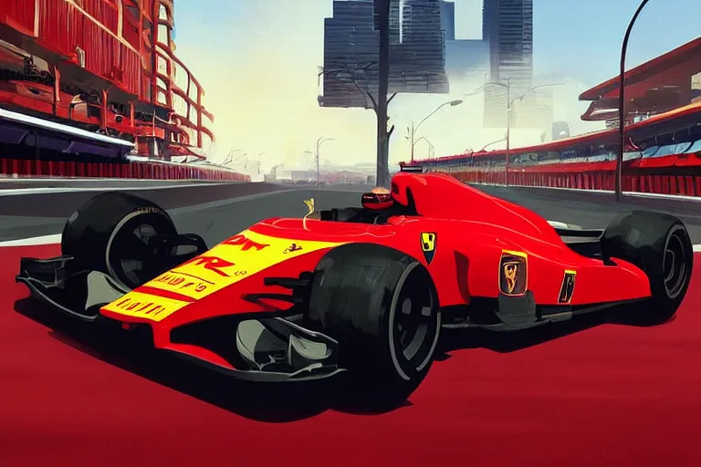 Prompt: red ferrari formula one car stylize, gta 4 cover art, official fanart artstationhq by jesper ejsing, by rhads, makoto shinkai and lois van baarle, ilya kuvshinov, ossdraws, that looks like it is from trackmania and by feng zhu and loish and laurie greasley