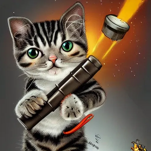 Image similar to realistic cute cat holding a giant minigun