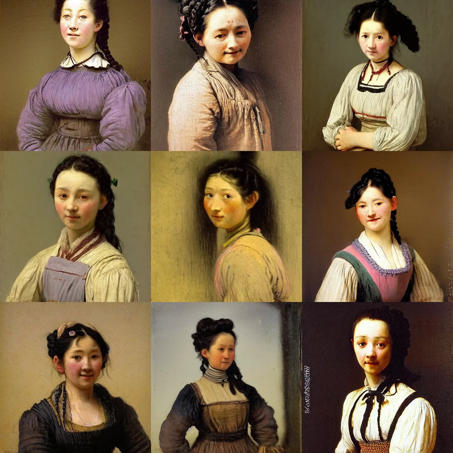 Prompt: a sadly smiling black haired, young hungarian village maid from the 19th century who looks very similar to (((Lee Young Ae))) with a two french braids, pastel colours, detailed, painting by Rembrandt, Csók István, Louise Élisabeth Vigée Le Brun and da Vinci