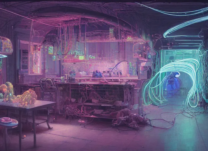 Prompt: A kitche, neon, RGB, glowing wires everywhere, by Edgar Maxence and Ross Tran, Zdzisław Beksiński, and Michael Whelan, distant, gustav dore, H.R. Giger, 8k, octane render