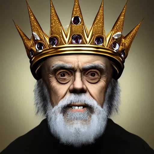 Image similar to James Randi with a diamond jeweled crown with a golden crown, photo-realistic, highly detailed, 8k, in the art style of Filip Hodas, 8k