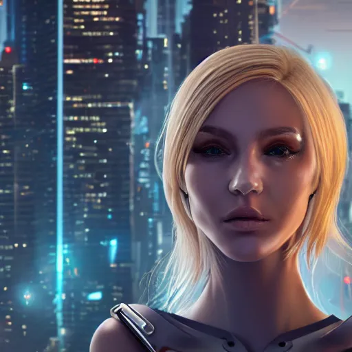 Prompt: panorama of a pretty blond cyberpunk seraphim in a machine city, perfect symmetrical face, cute face, 8 k, shallow depth of field, 8 k, ultra high detail, concept art, w 1 0 2 4