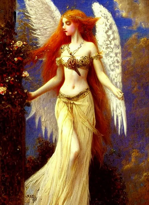Image similar to vertical prtrait of an angel knight gothic girl, baroque dress. by gaston bussiere