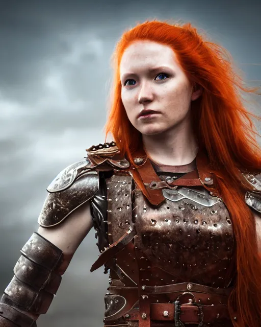 Image similar to north female warrior, red hair, ginger hair, long hair, fantasy, female Viking, high detailed, photography, cloudy, lightweight leather armour, Scandinavia, plain, detailed face, cute face, model, glowing skin, serious face, full body, professional photographer, masterpiece, 8k, 3D