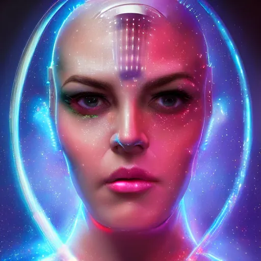 Image similar to celestial female machine, facial portrait, retro-futuristic, legendary epic shot, 90s make-up, galaxy space hunter, cyber implants, wires, low angle, dawn, by artgerm, julie bell, beeple and Greg Rutkowski, airbrush, science fantasy, 90s, concept art, realistic matte painting, Smooth gradients, octane render, 8k, High contrast, duo tone, depth of field, volumetric lightning, very coherent, symmetrical, skin pore detail