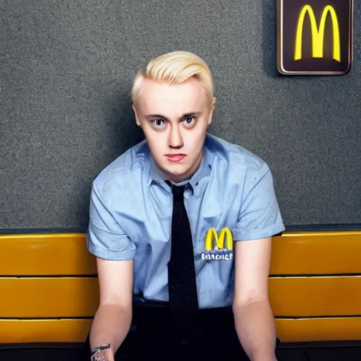 Prompt: Draco Malfoy sitting at a booth in McDonalds, McDonalds interior background, photo