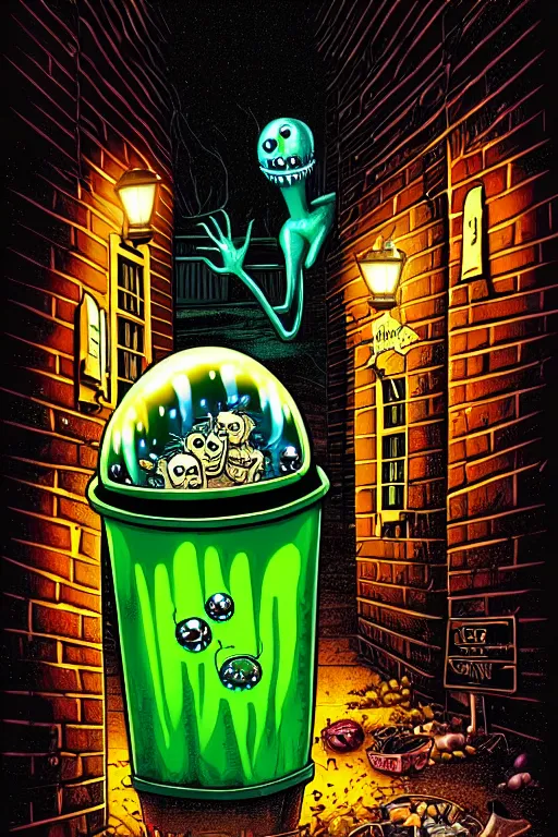 Image similar to a photorealistic vintage goosebumps cover art style illustration of a transparent jelly monster coming out of a garbage can in a dark alley way at night with moonlight casting shadows october autumn.