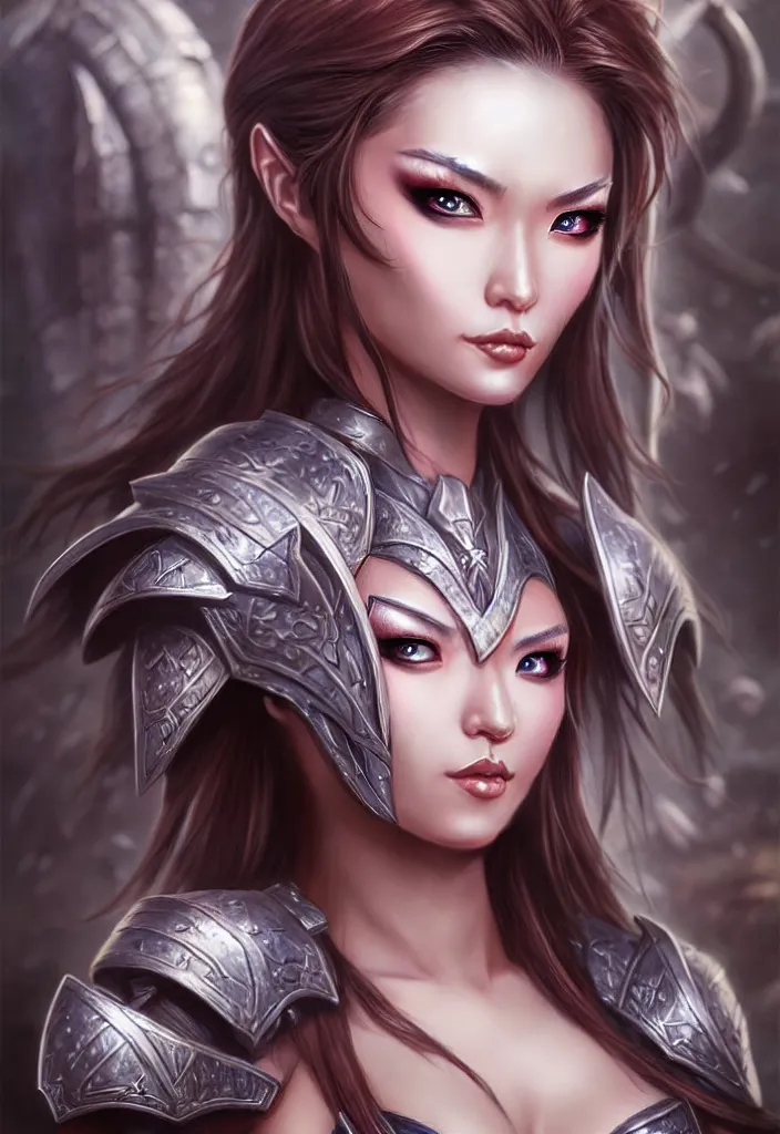 Image similar to sakimi chan, fantasy armor, detailed face, tony sart, hyper realistic