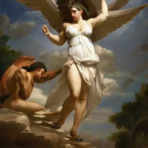 Image similar to Portrait of Serena Williams as Nike Goddess, large wings, luxuriant, dreamy, eternity, romantic, strong pose, highly detailed, in the style of Franz Xaver Winterhalter, highly detailed, in the style of Aetherpunk