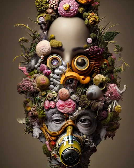 Prompt: a maximalist biomorphic portrait with with large eyes, expressive, wearing a botanical gas mask by arcimboldo, baroque painting by ayami kojima, mark ryden, haunting surrealism by dali, statue, high fashion design, focus on head, soft light, 4 k, octane high quality render