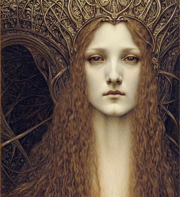 Image similar to detailed realistic beautiful young medieval queen face portrait by jean delville, gustave dore and marco mazzoni, art nouveau, symbolist, visionary, gothic, pre - raphaelite. horizontal symmetry