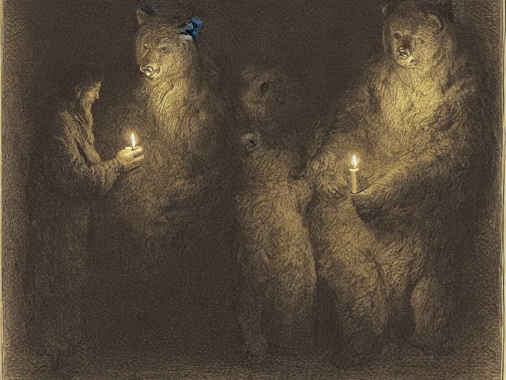 Prompt: Expressive portrait of three Old Brown bear. Candlelight. Painting by Gustave Dore, rembrandt