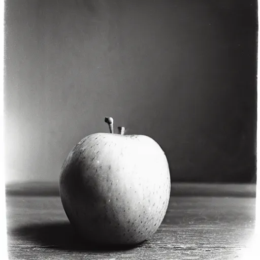 Image similar to A collodion-styled photograph of a surrealist scene of an apple in a room with some strange objects scattered around, shallow depth of field, wide-angle lens