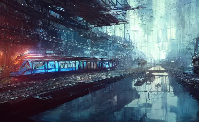 Image similar to An urban train rides inside of a waterway on a fantasy city, hyperrealistic mixed media, stunning 3d render inspired art by P. Craig Russell and Barry Windsor-Smith + perfect facial symmetry + dim volumetric lighting, 8k octane beautifully detailed render, post-processing, extremely hyperdetailed, intricate futuristic mechanic parts, epic composition, grim yet sparkling atmosphere, cinematic lighting + masterpiece, trending on artstation