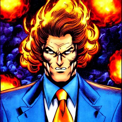 Image similar to a man in a blue suit standing in front of a fire ball, a comic book panel by jim lee, featured on deviantart, rayonism, dc comics, apocalypse art, parallax