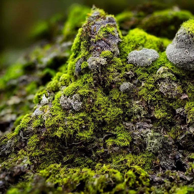 Image similar to a lichens and moss close-up various fungus, mushrooms and plants, inside the picture is infinity, Atmospheric phenomenon, artistic photography, muted colors, conceptual, long exposure outside the city, volumetric light