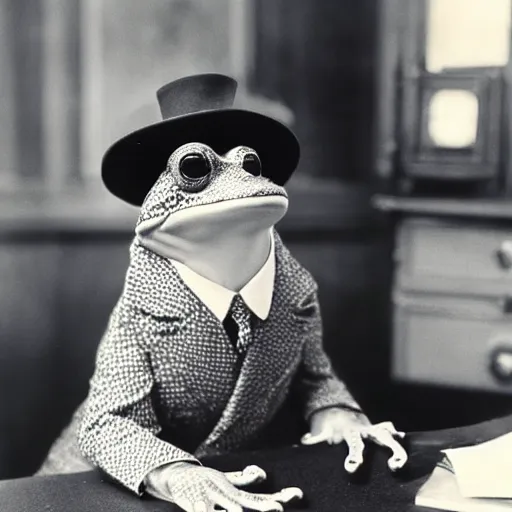 Prompt: cinematic, beautiful, ultra detailed, precise, award winning photo by saul leiter of an aristocrat animal frog wearing a perfect suit and a perfect hat sitting behind a perfect victorian desk, 1 9 4 0 s, vintage photography