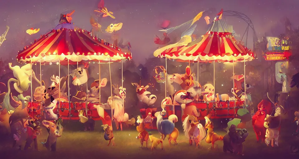 Image similar to animals in clothes at a carnival, beautiful, soft lighting, artstation, storybook, early evening