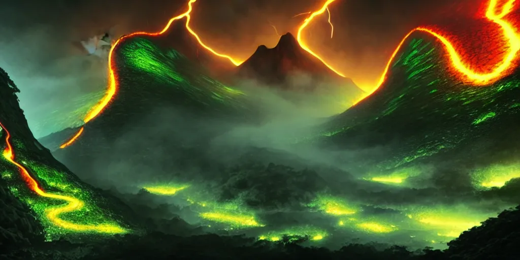 Image similar to boundary of two lands, green wild jungle vs dark mountain with lava, magic and lightning, epic, fantasy, D&D, intricate, highly detailed, sharp focus, cinematic lighting