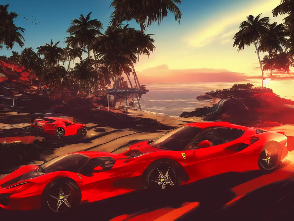 Image similar to ferrari riding along the coast, midnight, cliffs, palms, synthwave, digital art, 8 k wallpaper, artstation