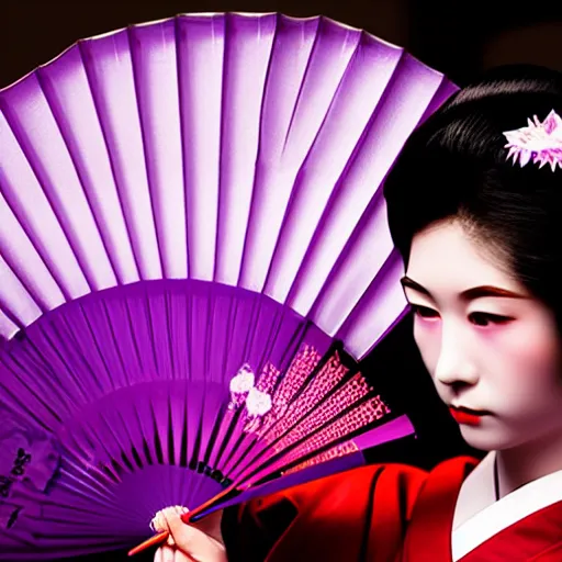 Image similar to Japanese geisha with beautiful violet paper fan, 4k photography, 30 mm lens, cinematic light, warm atmosphere, in style of Kar Wai Wong, cigarette smoke trail