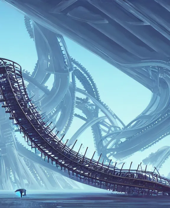 Prompt: simplicity, elegance, a roller coaster building made out of simple organic forms, in the style of a streamlined asymmetrical spaceship, bleak apocalyptic environment, by dan mumford, yusuke murata, makoto shinkai, ross tran, cinematic, unreal engine, cel shaded, featured on artstation, pixiv