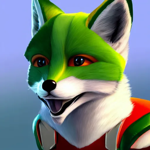 Prompt: a portrait of fox mccloud from starfox wearing a white and green space cadet uniform, handsome eyes, artstation, concept art, furry furaffinity, fox mccloud