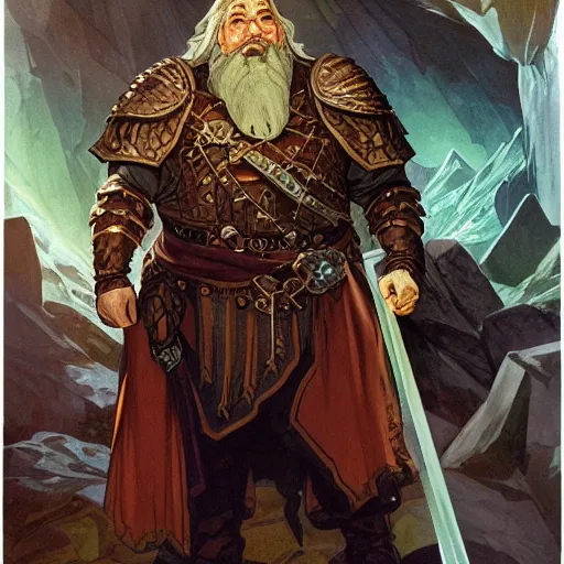 Image similar to Kalgor of the crystal caves. Dwarven explorer. Epic portrait by james gurney and Alfonso mucha (lotr, witcher 3, dnd, dragon age).