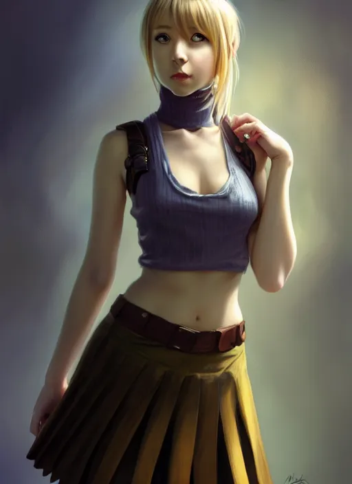 Image similar to portrait of a full body of beautiful young female detective, d & d, sleeveless turtleneck, pleated skirt, fantasy, flat lighting, intricate, highly detailed, digital painting, artstation, concept art, smooth, sharp focus, illustration, misa amane, art by simon bisley and greg rutkowski and alphonse mucha, natural tpose
