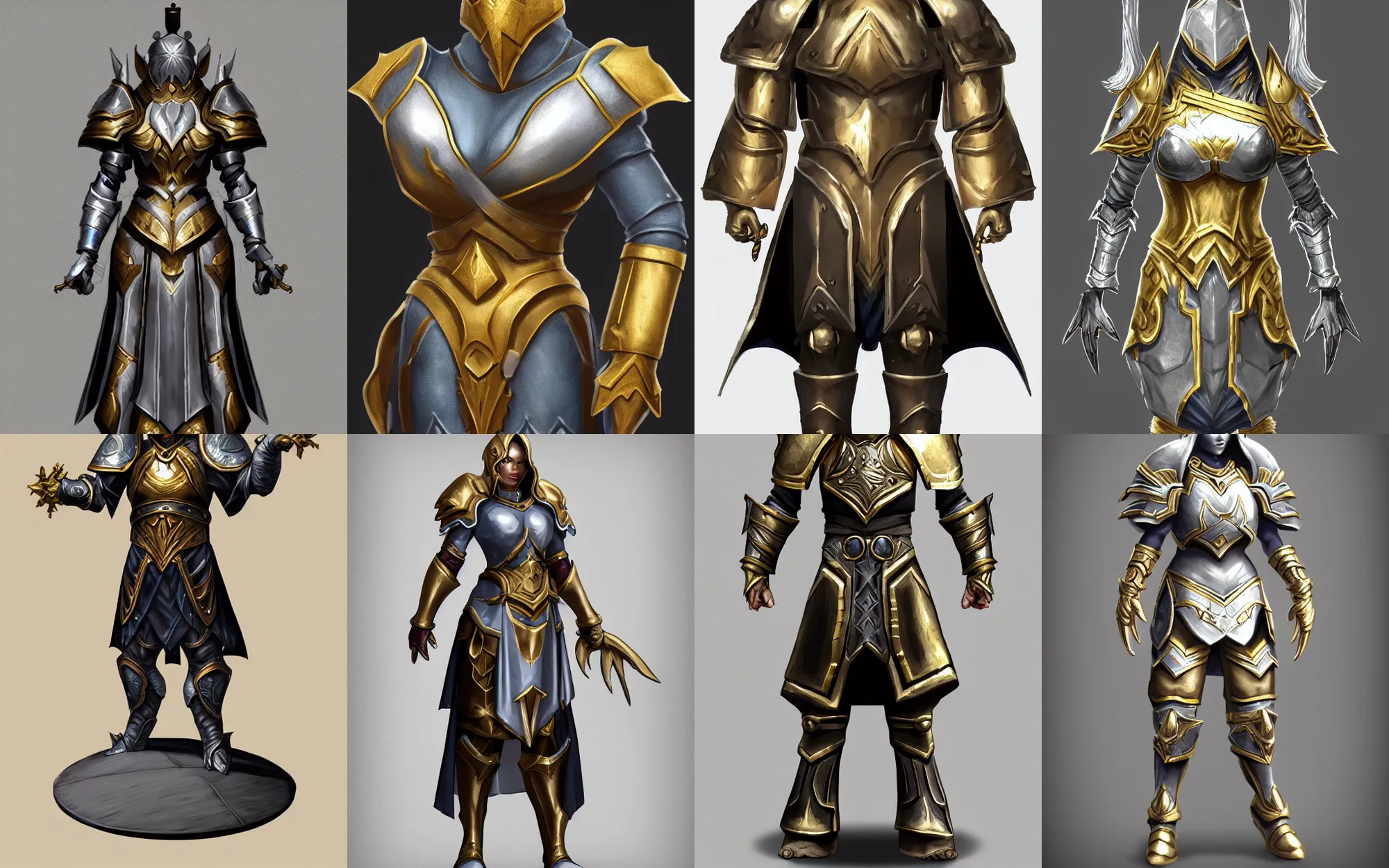 Prompt: heavy mage armor, trending on artstation, silver, gold trim, fantasy character art, smooth shading, extremely clean, uncluttered, high-quality, exaggerated proportions, very professional