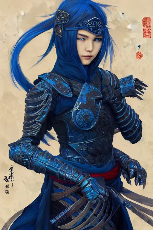 Prompt: portrait Ninja gaiden girl, armored blue and whte ninja wardrobe, in ruin japanese rainny temple moon night, ssci-fi and fantasy, intricate and very very beautiful and elegant, highly detailed, digital painting, artstation, concept art, smooth and sharp focus, illustration, art by tian zi and WLOP and alphonse mucha