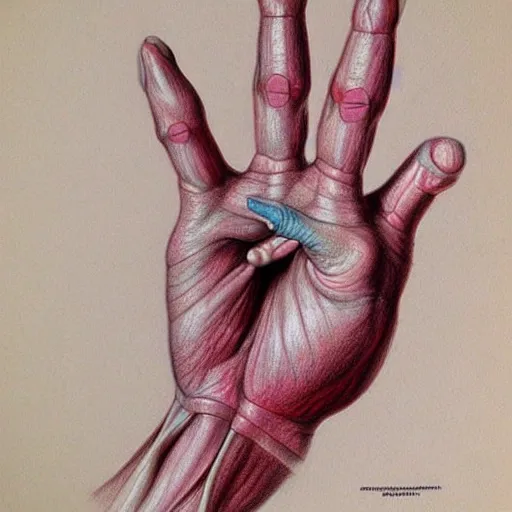 Prompt: medical reference, anatomical illustration of a hand : : anatomy study of hand : : hyperrealism, colored pencil illustration