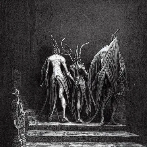 Prompt: a fantasy painting of three demons walking up stairs by Gustave Dore
